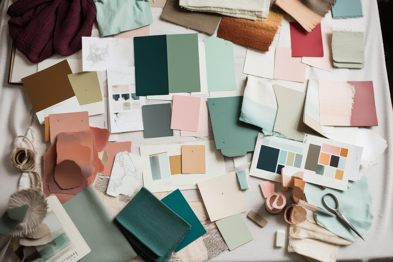 moodbard złożony z kawałków gazet, kolorowych papierów, zdjęć i tkanin
