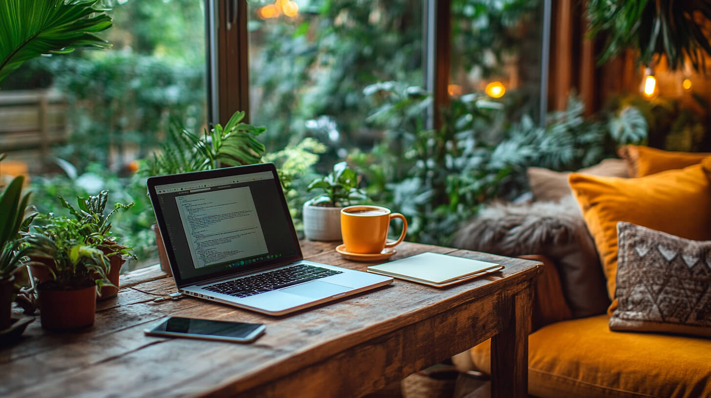 biurko w domowym biurze, na nim otwarty laptop, obok kubek z kawą, w tle miękka kanapa