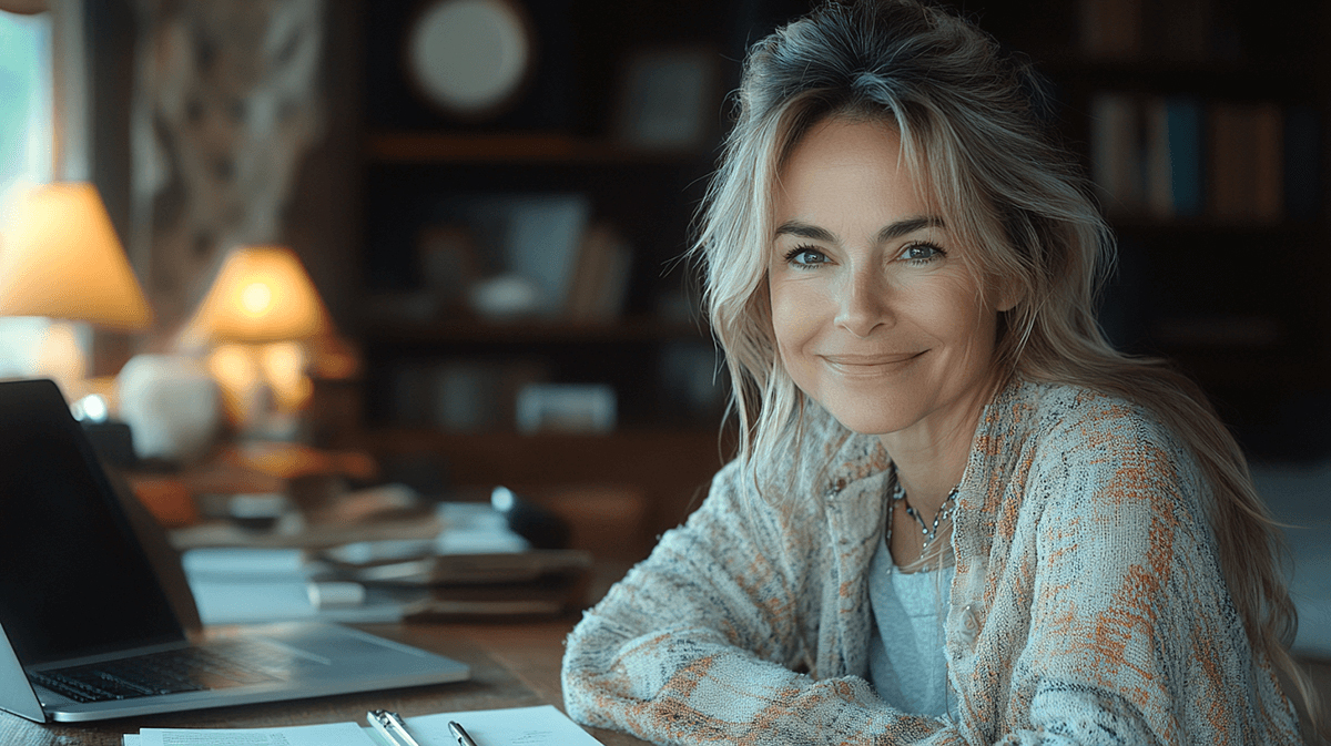 kobieta siedząca w domowym biurze przed komputerem