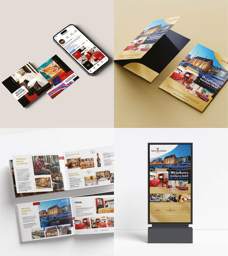 kolaż wizualizacji, przedstawiających materiały dla Hotelu Gdańsk