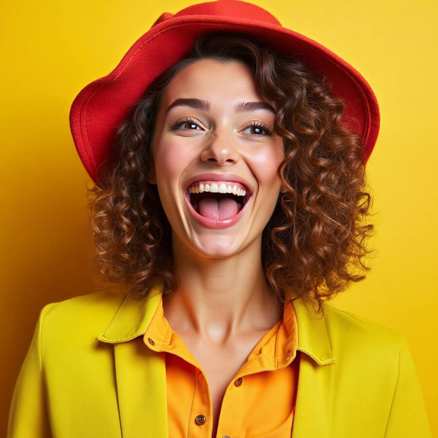 młoda roześmiana kobieta z kręconymi włosami, w czerwonym kapeluszu i żółtej marynarce, archetyp błazna