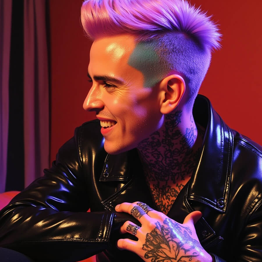 młody uśmiechnięty mężczyzna z tatuażami i odważną, kolorową fryzurą, buntownik