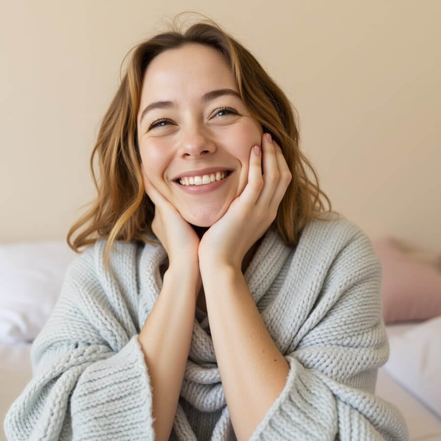 młoda, uśmiechnięta kobieta, kolorystyka pastelowa i beżowa