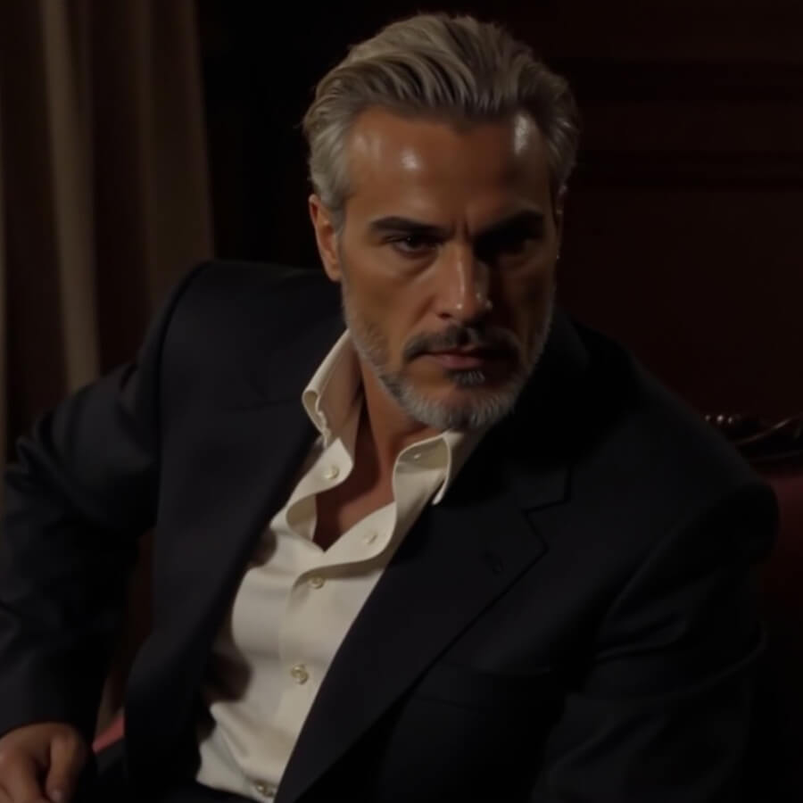 poważny, przystojny mężczyzna, emanujący władczością, archetyp władcy