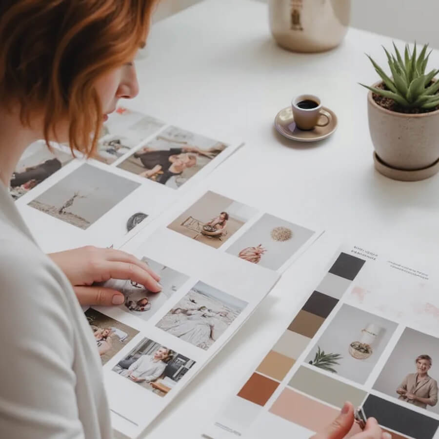 materiały graficzne rozłożone na stole - palety kolorów, i zdjęcia